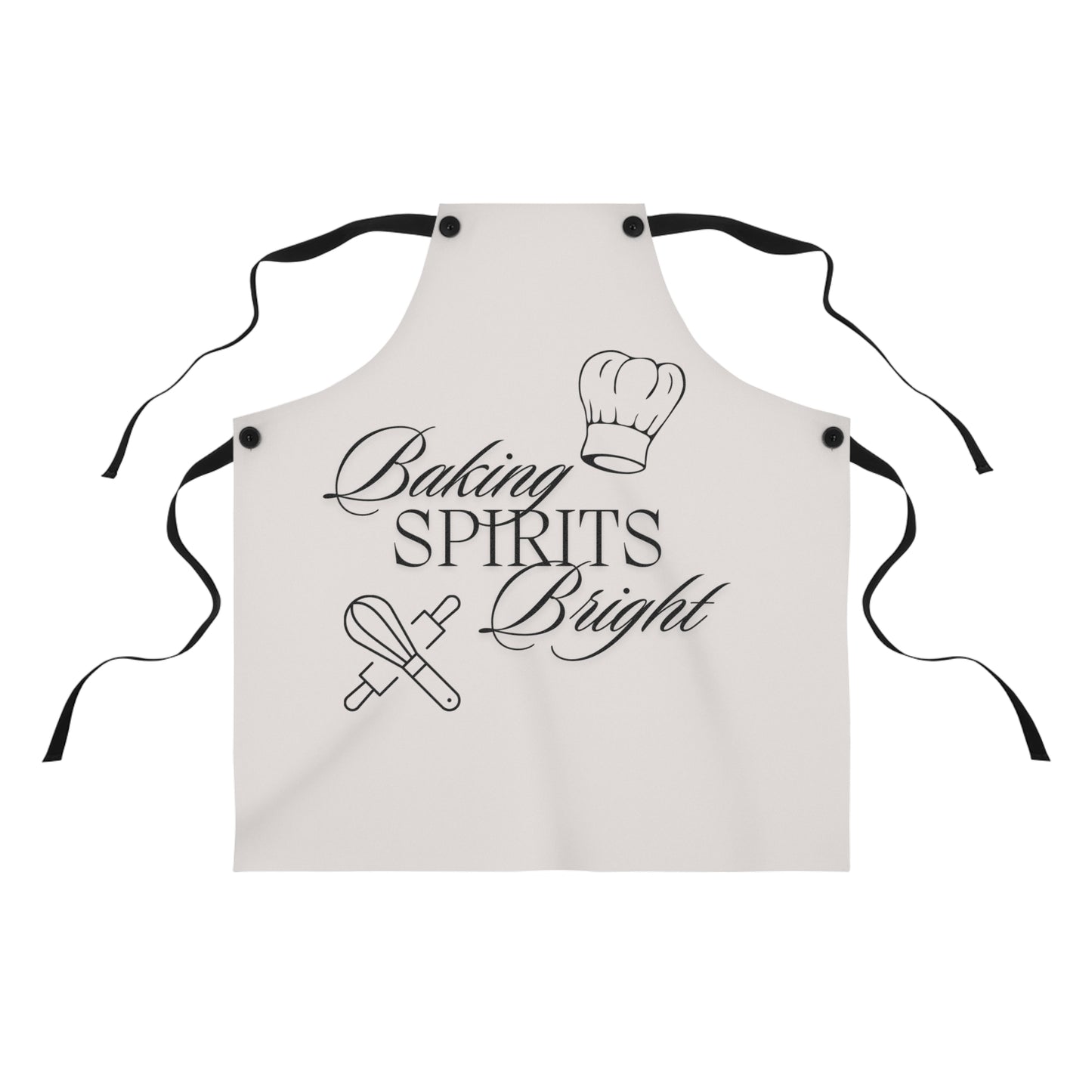 A white poly twill apron with black detachable twill straps and text 'BAKING SPIRITS BRIGHT' printed on the front.