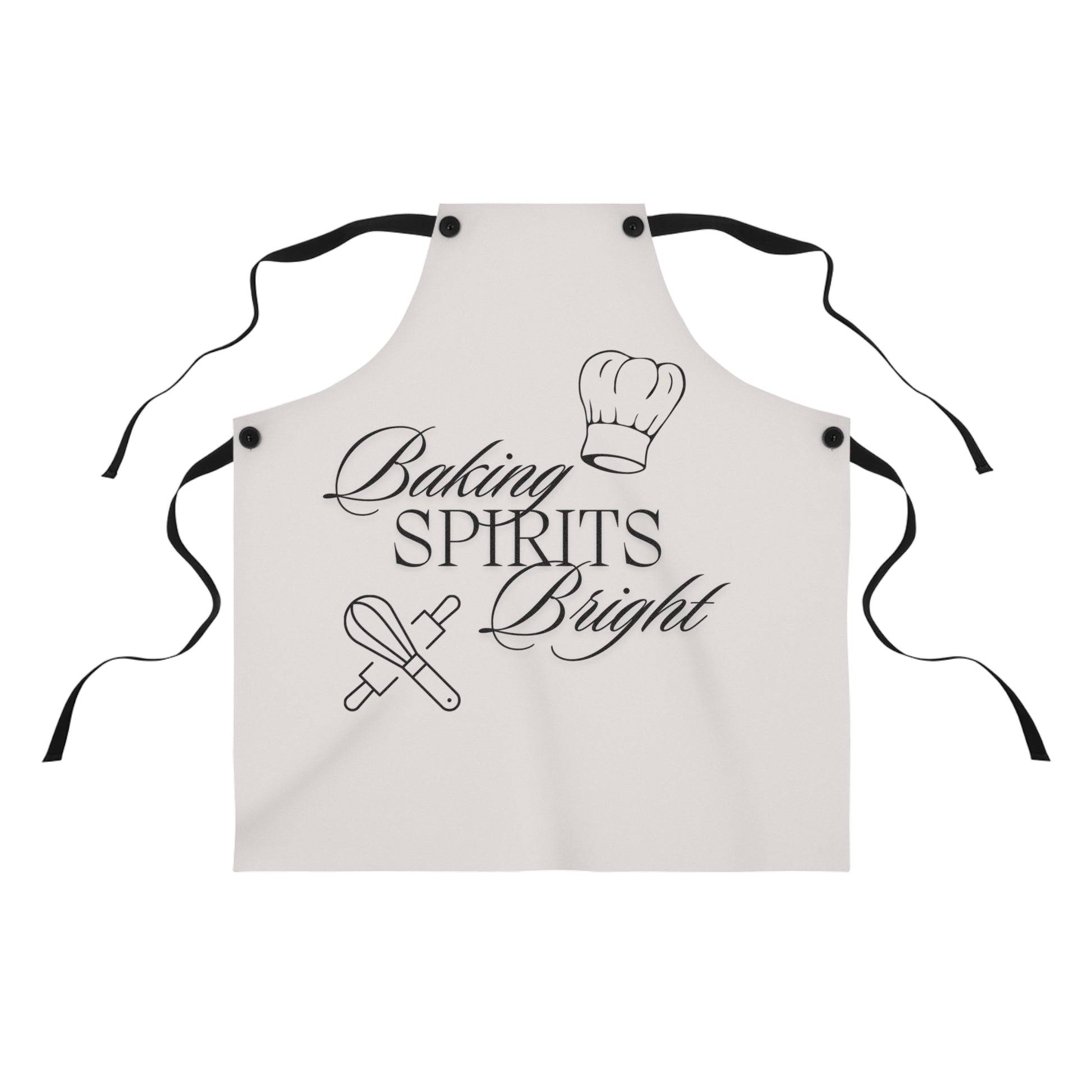 A white poly twill apron with black detachable twill straps and text 'BAKING SPIRITS BRIGHT' printed on the front.